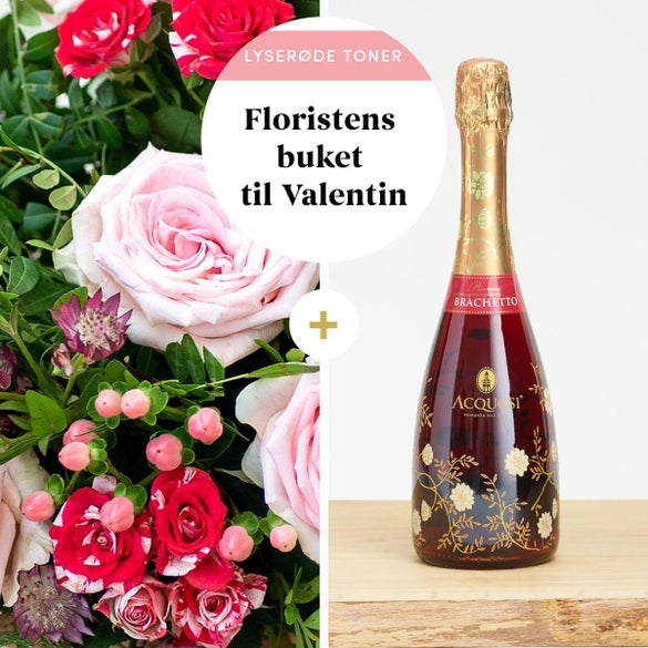 Floristens valentinsbuket i lyserøde nuancer med Acquesi, Brachetto Asti